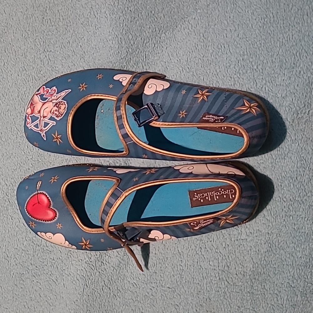 Hot Chocolate Design - Mary Jane Flats with Heart and Angel Design, Size 11
